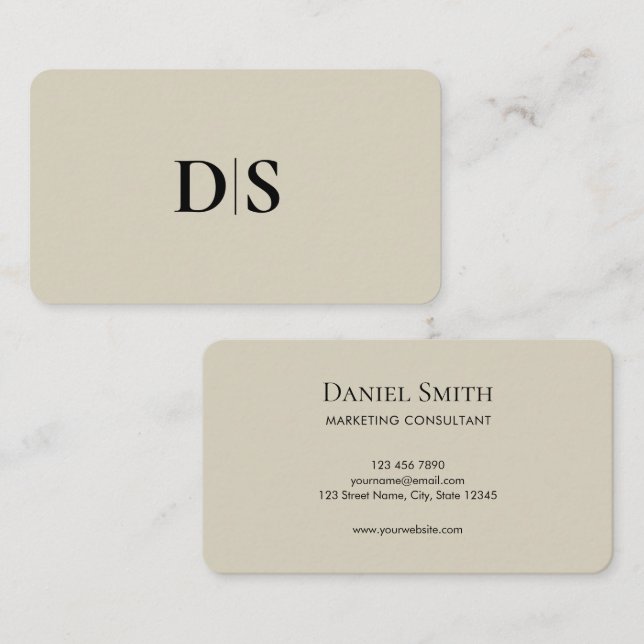 Minimalistisch elegante beige Monogramm-Initiale Visitenkarte (Vorne/Hinten)