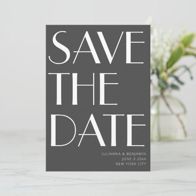 Minimalistisch Elegante Schwarz-weiße Art Deco Save The Date (Stehend Vorderseite)