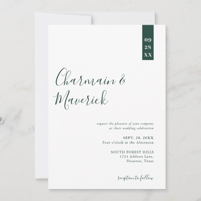 Minimalistisch Emerald Green Script Wedding Einladung (Vorderseite)