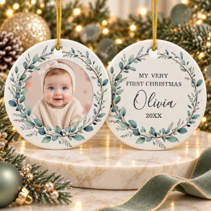 Minimalistisch Eucalyptus Baby First Christmas Fot Keramik Ornament