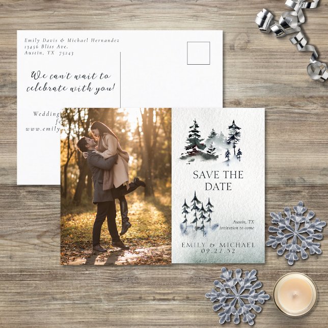 Minimalistisch Evergreen Mountain Green Slate Blue Ankündigungspostkarte (Von Creator hochgeladen)