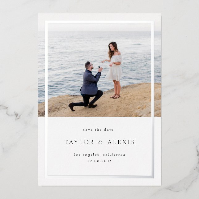 Minimalistisch Frame Foto Save the Date Silber Folieneinladung (Vorderseite)