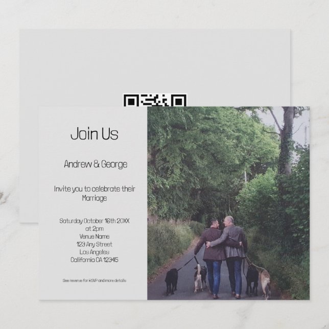 Minimalistisch Gay LGBGQ QR Code Gray Wedding Einladung (Vorne/Hinten)