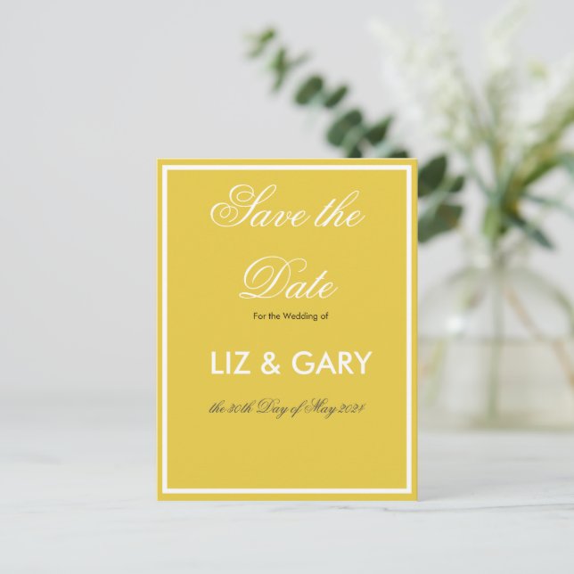 Minimalistisch Gelb-Save the Date Postkarte (Stehend Vorderseite)
