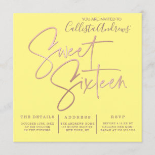 Minimalistisch Gelbe Rose Gold Typografie Sweet 16 Einladung