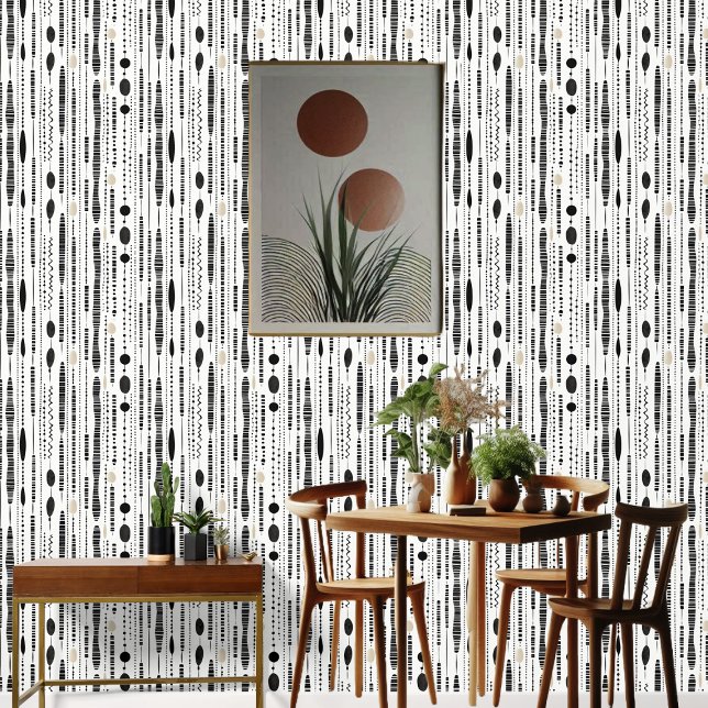 Minimalistisch geometrisch Schwarz-weiße Elfenbein Tapete (Boho Minimalist Black White Ivory Abstract Art Wallpaper)