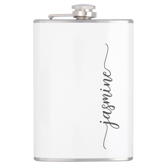 Minimalistisch Girl White Monogram Name Script Flachmann (Vorderseite)