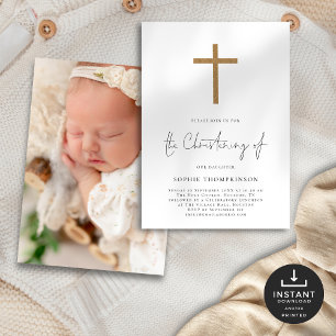 Minimalistisch Gold Glitzer Cross Foto Christening Einladung