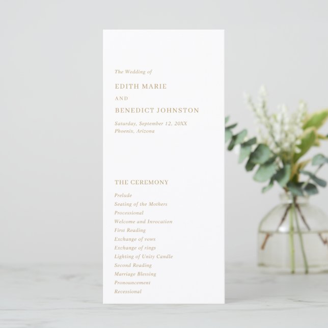 Minimalistisch Gold Moderne Hochzeit Programm (Stehend Vorderseite)