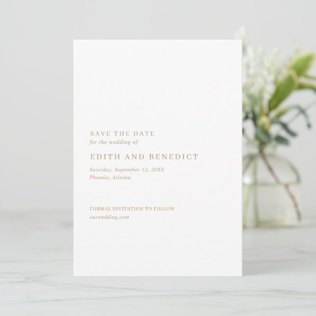 Minimalistisch Gold Moderne Hochzeit Save The Date (Stehend Vorderseite)
