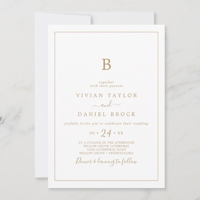 Minimalistisch Gold Monogram Wedding Einladung (Vorderseite)