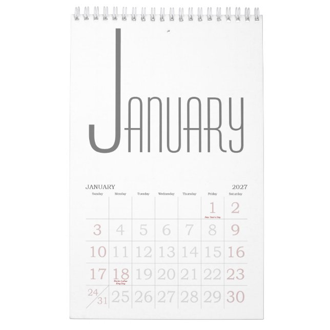 Minimalistisch Grau und Weiß Kalender (Jan 2027)