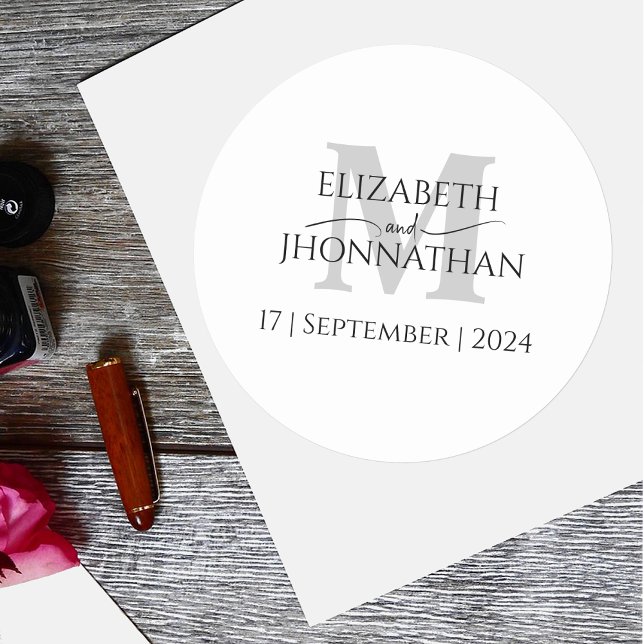 Minimalistisch-Gray-Monogramm-Hochzeit Runder Aufkleber (Von Creator hochgeladen)