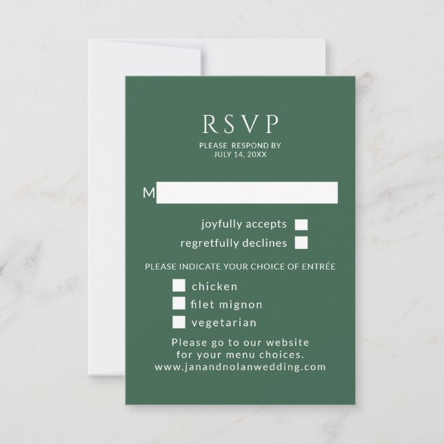 Minimalistisch. Grüne Hochzeit RSVP mit Wahlmöglic Karte (Vorderseite)
