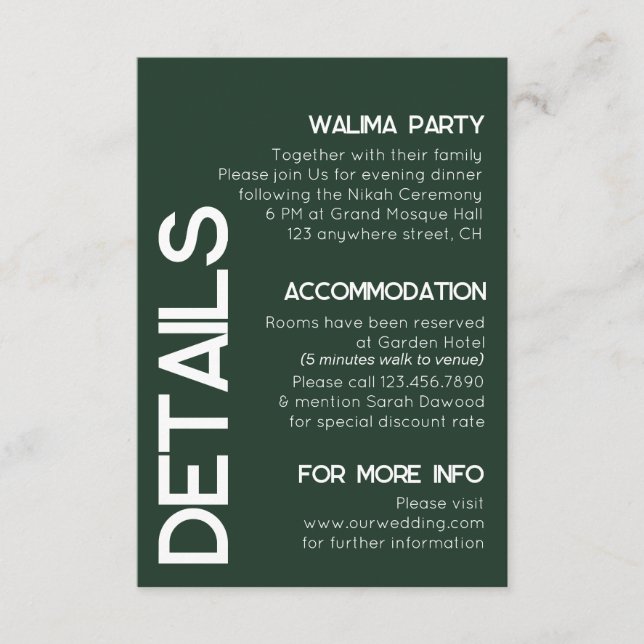 Minimalistisch-grüne Weißtypografie - Hochzeitsdet Begleitkarte (Vorderseite)