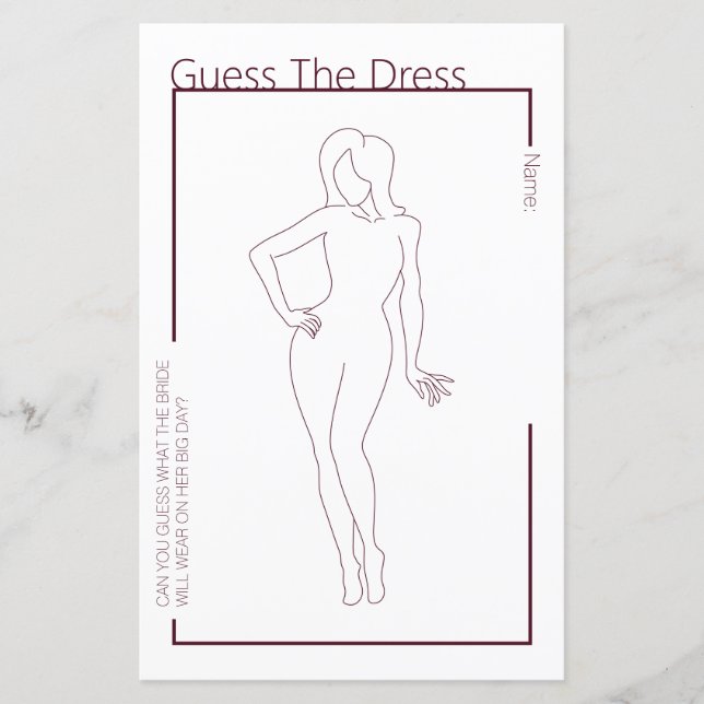 Minimalistisch Guess das Dress Brautparty Game (Vorderseite)