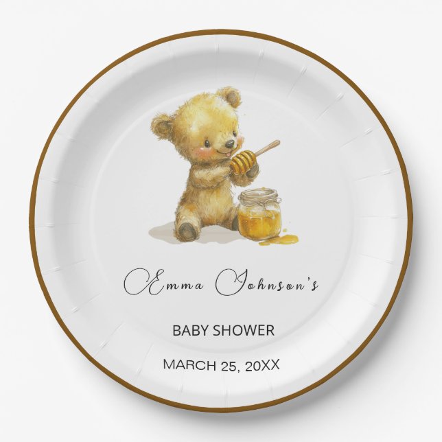 Minimalistisch Honey Bear Baby Dusche Pappteller (Vorderseite)