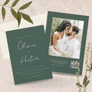 Minimalistisch Hunter Green QR Code Foto Hochzeit Einladung