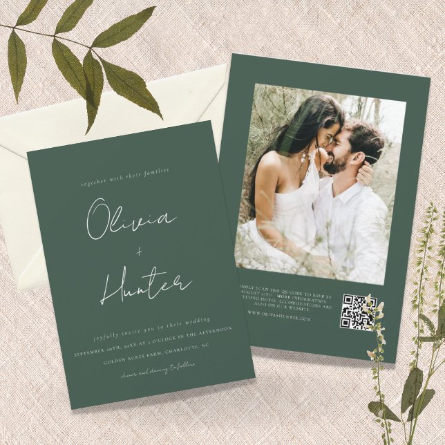 Minimalistisch Hunter Green QR Code Foto Hochzeit Einladung (Von Creator hochgeladen)