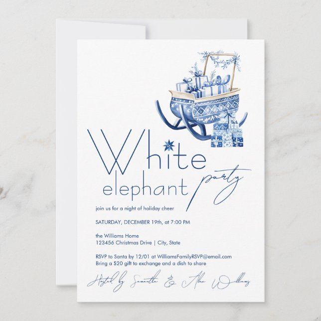 Minimalistisch Hygge Blue Christmas White Elephant Einladung (Vorderseite)