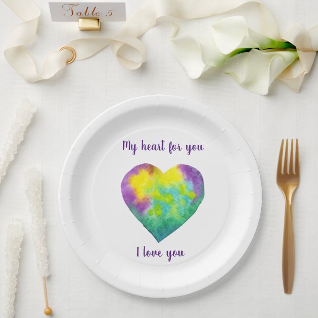 Minimalistisch I Liebe du Regenbogenfarben Herz Pappteller (Hochzeit)