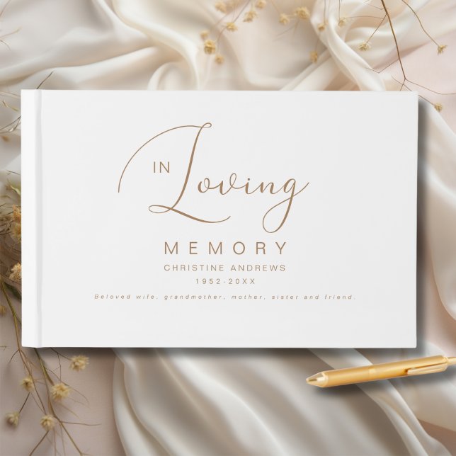 Minimalistisch in der Gedächtnisbeerdigung Gästebuch (Minimalist In Loving Memory Funeral White Guest Book, scripted font, elegant, simple.)