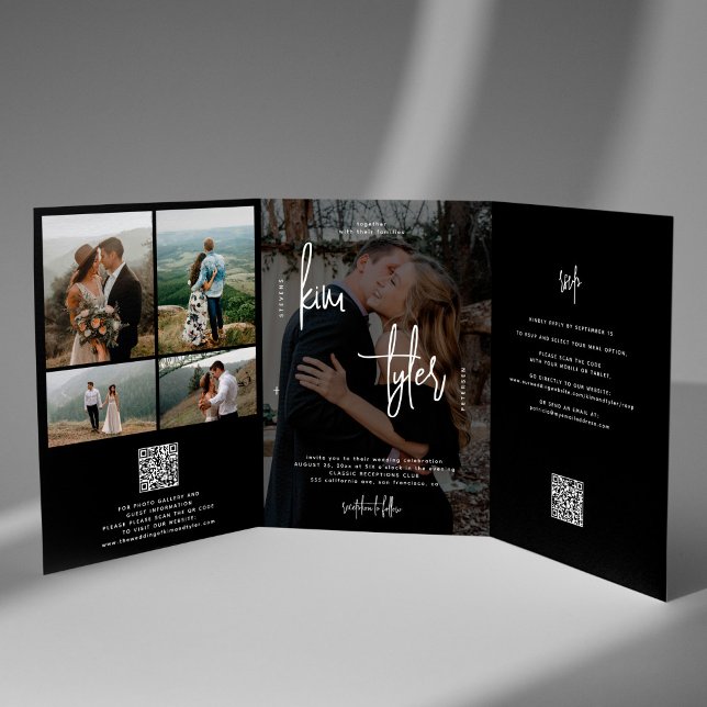 Minimalistisch in einem Foto Collage QR Hochzeit Dreifach Gefaltete Einladung (Von Creator hochgeladen)