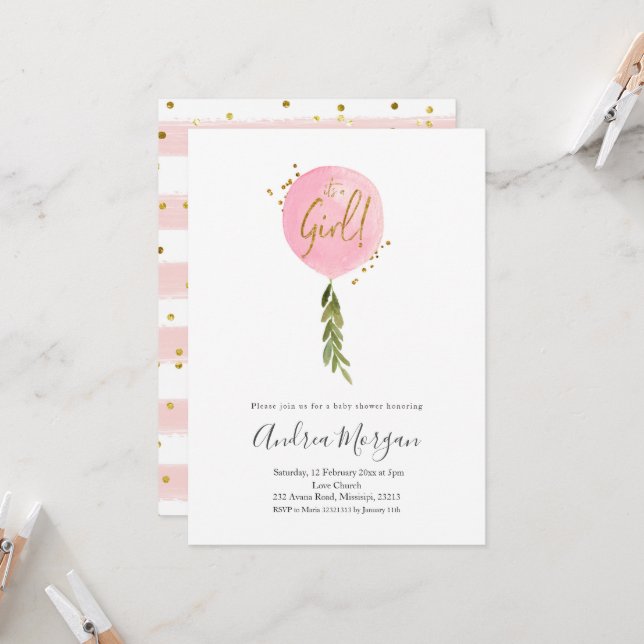 Minimalistisch ist eine junge rosa Ballon Babydusc Einladung (Vorderseite/Rückseite Beispiel)