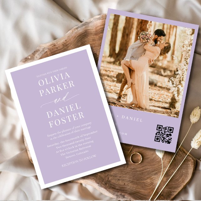 Minimalistisch Lavender Lila QR Code Foto Hochzeit Einladung (Von Creator hochgeladen)