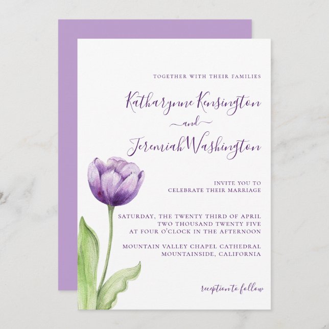 Minimalistisch Lavender Lila Tulip Wedding Einladung (Vorne/Hinten)
