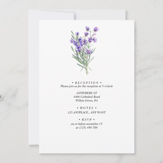 Minimalistisch Lavender Wedding Floral Einladung (Rückseite)