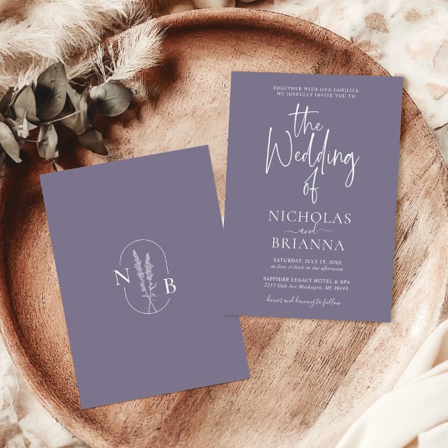 Minimalistisch Lavender Wedding Modern Monogram Einladung (Von Creator hochgeladen)