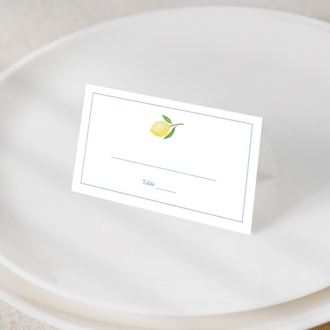 Minimalistisch Lemons Seersucker Stripes Brautpart Platzkarte (Simple minimalist lemon wedding shower place card with blue and white seersucker stripes backer)