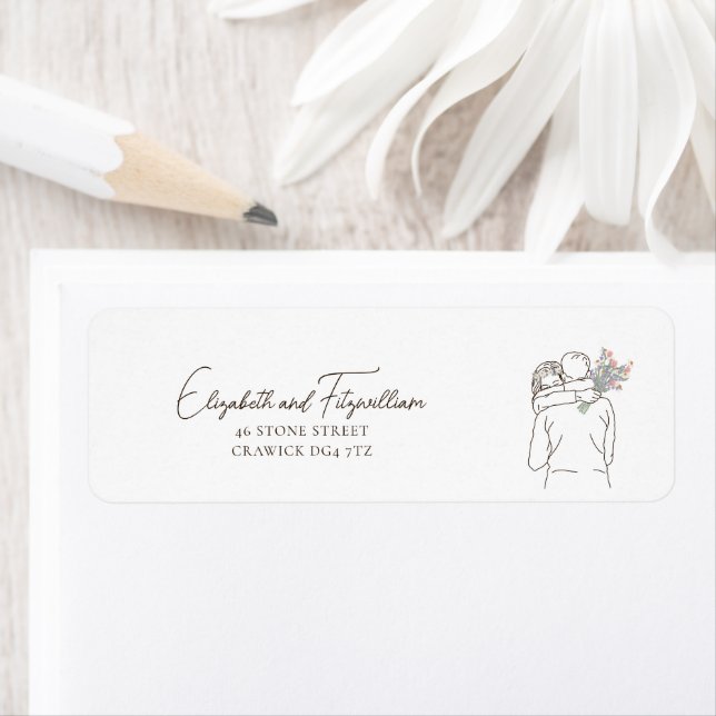 Minimalistisch Line Art Couple Hugging mit Bouquet (Insitu)