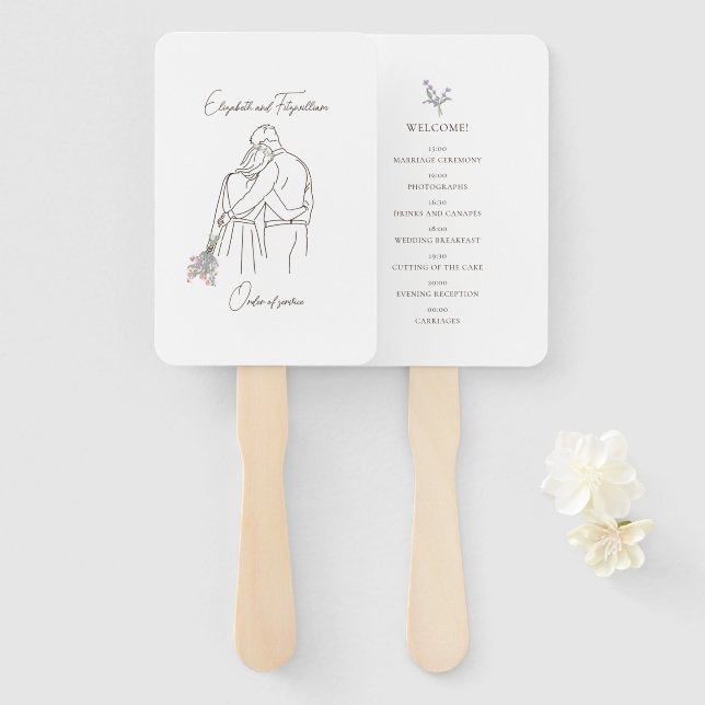 Minimalistisch Line Art Couple Hugging mit Bouquet Fächer (Vorne und Hinten)