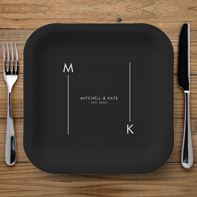 Minimalistisch Line Monogram Black & White Wedding Pappteller (Minimalist Line Monogram Black & White Wedding Paper Plates
)