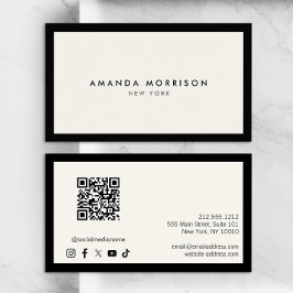 Minimalistisch Luxus Black/Ivory QR Code Social Me Visitenkarte