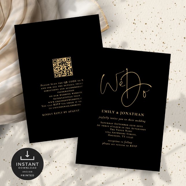 Minimalistisch machen wir Gold Script QR Code Wedd Einladung (Front and back view)