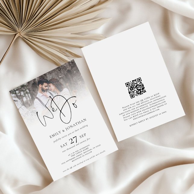 Minimalistisch machen wir QR Code Foto Hochzeit Einladung (front and back view)