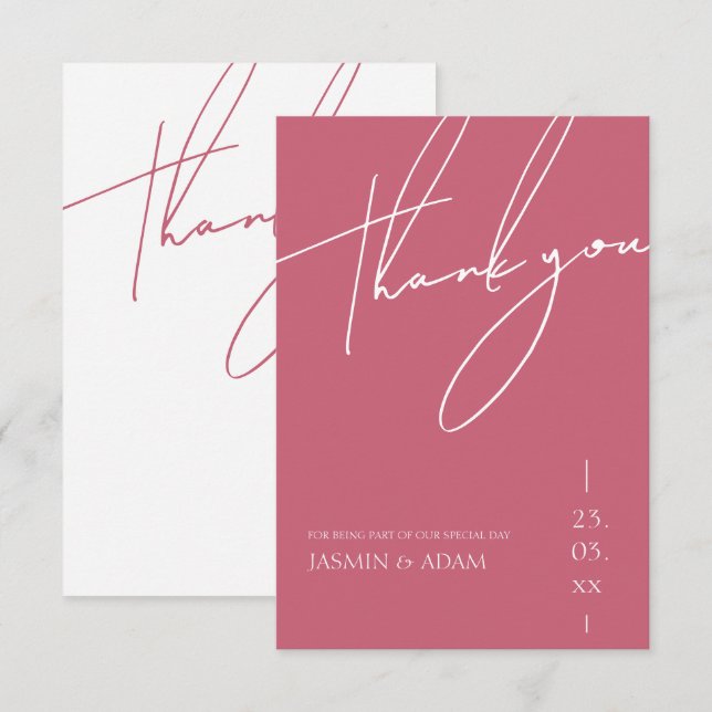 Minimalistisch Magenta Pink Script Typografy Weddi Dankeskarte (Vorne/Hinten)