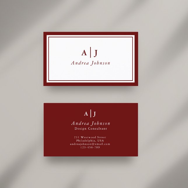 Minimalistisch Maroon Red Two Border Monogram Visitenkarte (Von Creator hochgeladen)