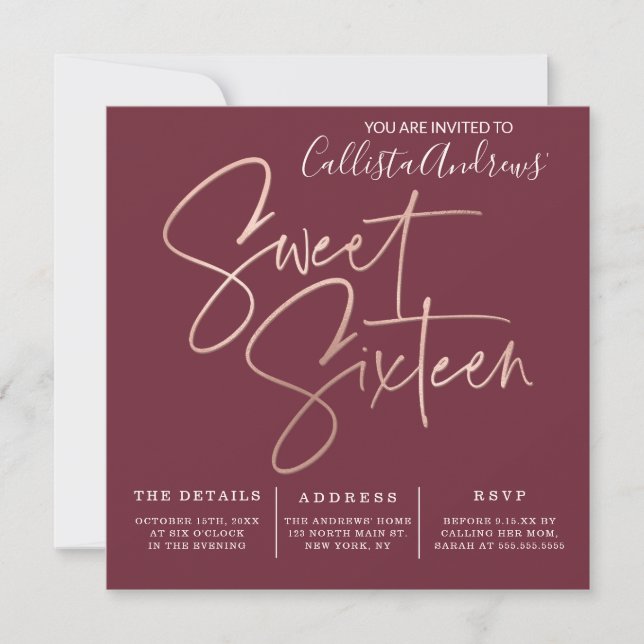 Minimalistisch Maroon Rose Gold Typografie Sweet 1 Einladung (Vorderseite)