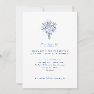 Minimalistisch Marseille Bleu Line Art Floral Wedd Einladung
