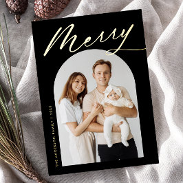 Minimalistisch Merry Black and Gold Script 2 Foto Folien Feiertagskarte
