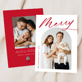 Minimalistisch Merry Red Script 2 Foto Feiertagskarte