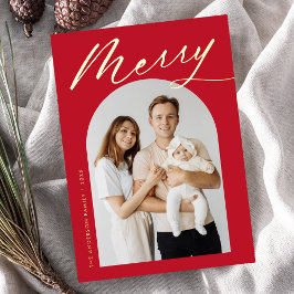 Minimalistisch Merry Red und Gold Script 2 Foto Folien Feiertagskarte