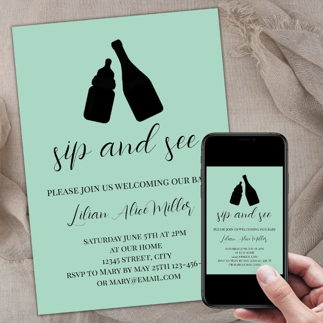 Minimalistisch Mint Baby Flasche Champagner Silico Einladung (Minimalist sip and see invitation, baby bottle and champagne bottle silhouettes, calligraphy script)