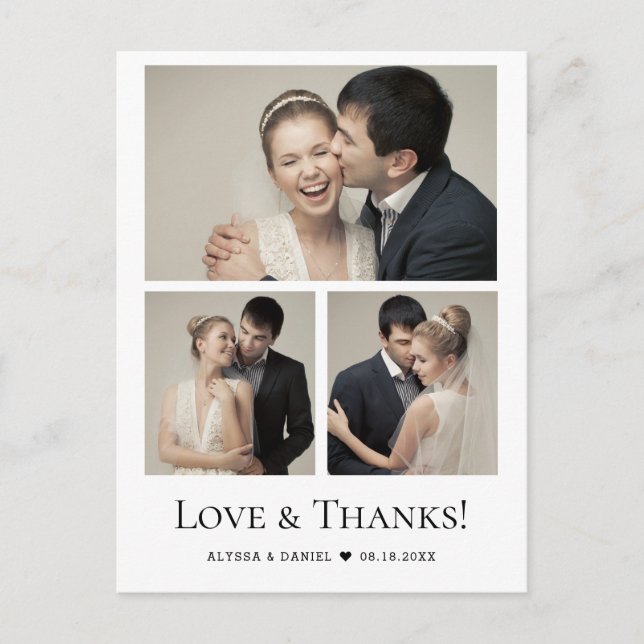 Minimalistisch Modern 3 Fotos Hochzeit danke Postkarte (Vorderseite)