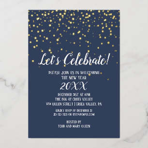 Minimalistisch Modern Blue Confetti Neujahr Folieneinladung