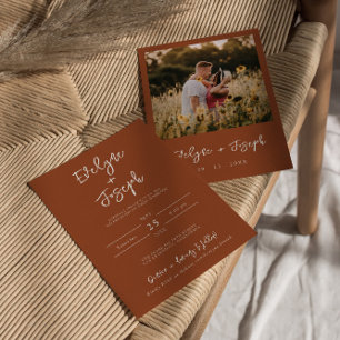 Minimalistisch Modern Burnt Orange Foto Boho Weddi Einladung